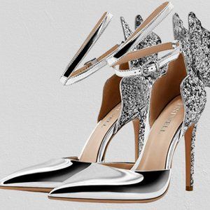 Women Silver Butterfly high Heels Sandals